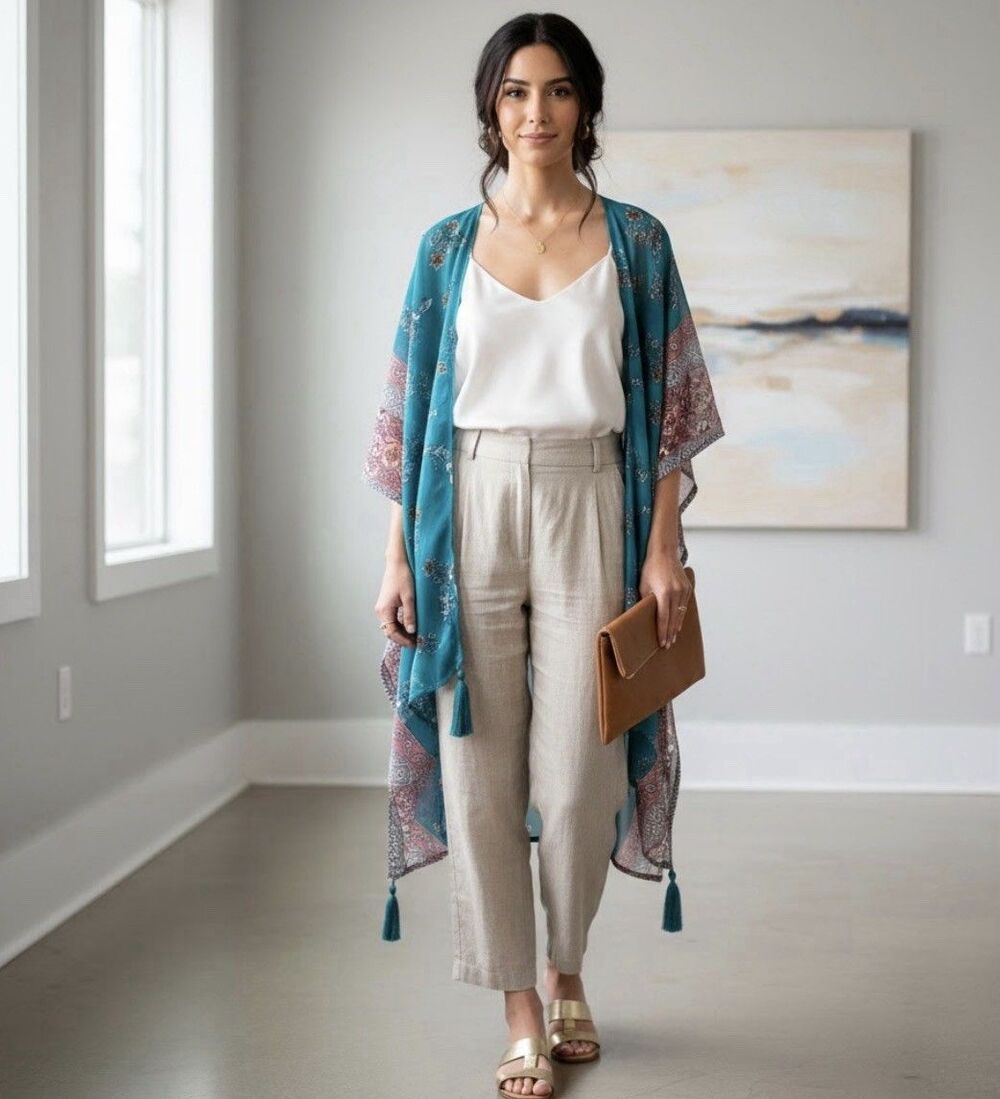 Long poncho/cardigan boho one size fits all open front Lace Flowers Relaxed